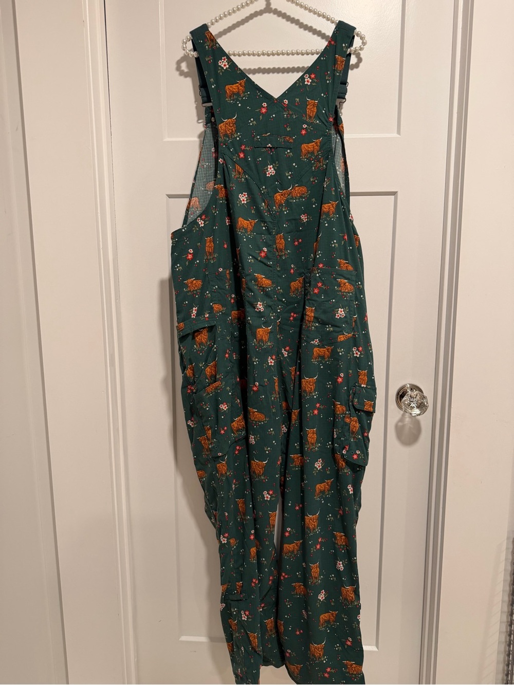 Duluth Trading Co Green Floral & Highland Cow women’s Overalls - Picture 8 of 9